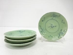 青磁　染付　人物　小皿　4客揃